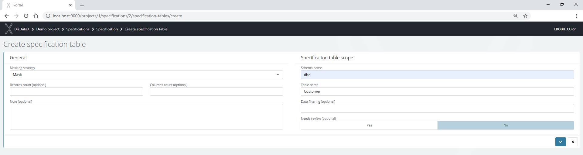 Create specification table