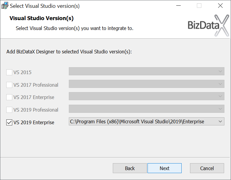 Visual Studio integration selection