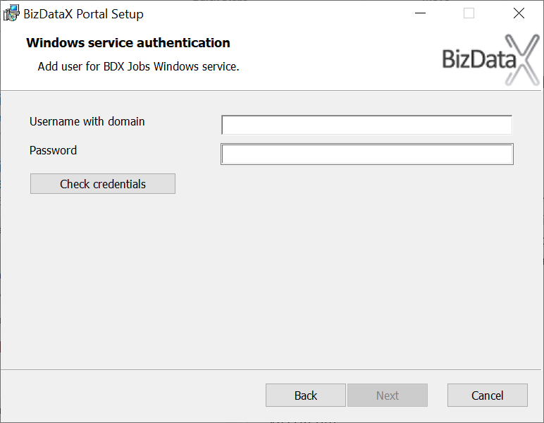 Add a user for the BizDataX Jobs Windows service