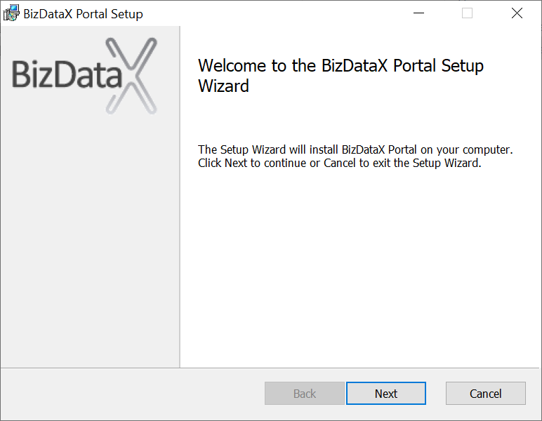 BizDataX Portal installation welcome screen